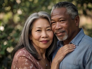 Fototapeta premium Portrait of a couple of black man from Africa and white woman from Asia, individuals of different races