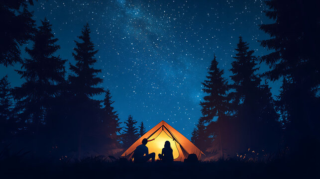 A couple sitting by a tent under a starry night sky, surrounded by tall pine trees 