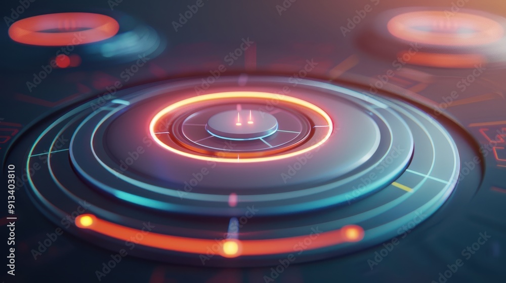 Poster futuristic interface with glowing circular elements and vibrant colors, ideal for technology and des