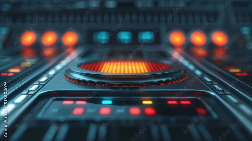 Poster intricate close-up of a futuristic control panel with glowing buttons and a vibrant circular display