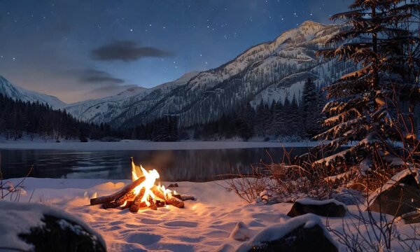 Campfire in Snowy Mountains