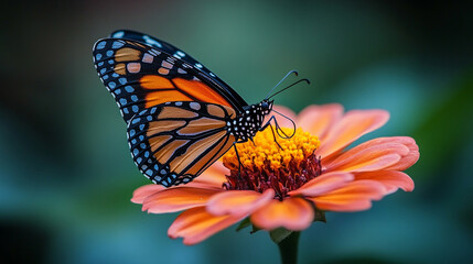 Fototapeta premium Monarch butterfly perched on a vibrant flower, showcasing its striking orange and black wings. The image symbolizes transformation, beauty, and the fragility of nature