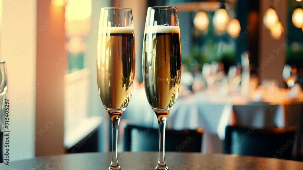 Aufkleber two champagne flutes filled with sparkling drink sit on a table as warm light filters through a styl