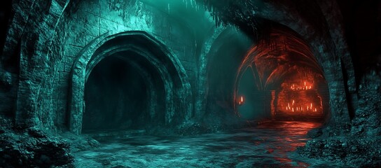Fototapeta premium A Dark and Mysterious Stone Passageway with Candles