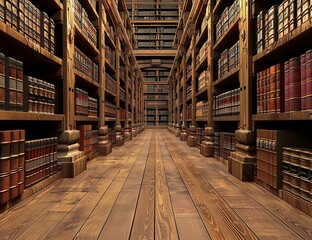 A long wooden floor between rows of bookshelves filled with law books