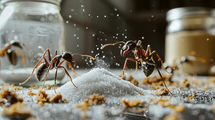 Ants crawling over spilled sugar from a jar, scattered food crumbs, messy kitchen surface, highlighting cleanliness issues