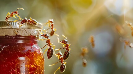 Ants invading a jar of jam, highlighting the need for food storage and cleanliness