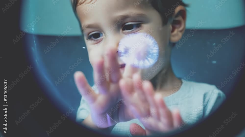 Poster A young child curiously interacts with technology, exploring its features while focused and engaged in a modern educational setting.