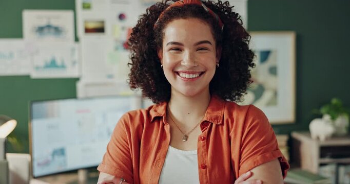 Woman, smile and portrait in creative office, artist and happy in studio for planning and online work. Computer, workshop and art director for female person, project and arms crossed for entrepreneur