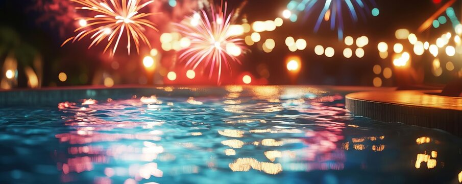 New Years Eve pool party with fireworks reflecting in the water, glamorous and vibrant, Pool party concept, No people
