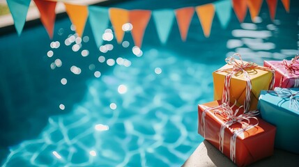 Poolside birthday party with colorful banners and wrapped gifts, festive and joyful atmosphere, Pool party concept, No people