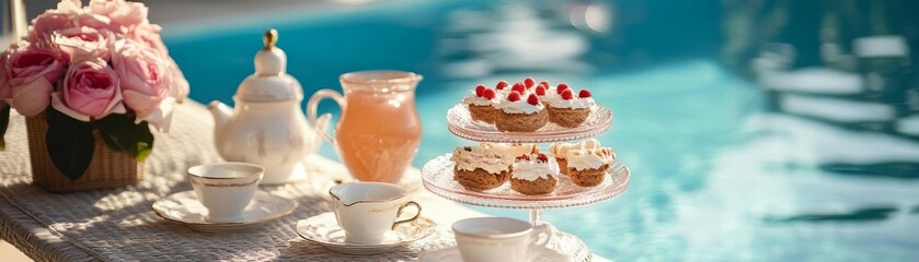 Poolside tea party with vintage decor and delicate treats, elegant and refined, Pool party concept, No people