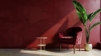 A room with an armchair and a banana tree and a small coffee table. Deep burgundy color (4)