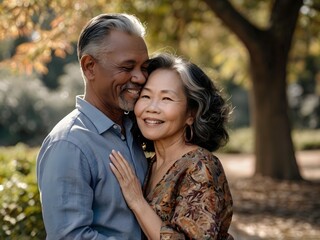 Fototapeta premium Portrait of a couple of black man from Africa and white woman from Asia, individuals of different races