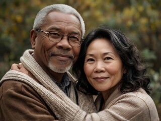 Fototapeta premium Portrait of a couple of black man from Africa and white woman from Asia, individuals of different races