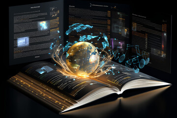 This is an infographics and book concept of evolving technologies that can be used to create e-books or e-education. Modern illustration on a dark background with a digital futuristic look.