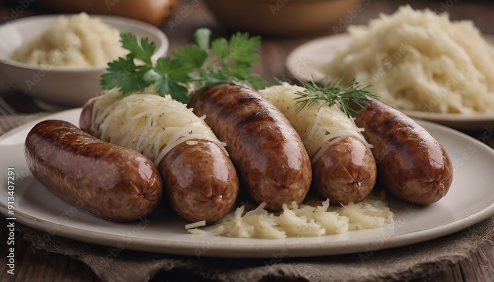 Wall mural german sausages and sauerkraut on a plate