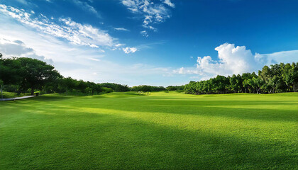 Image material of a wide lawn with a blue sky. A large green park.
