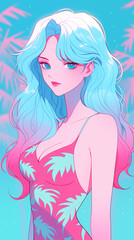 Hand drawn cartoon illustration of girl wearing swimsuit in summer
