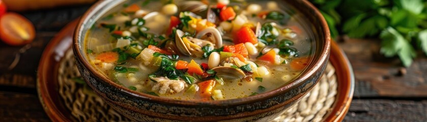 A flavorful bowl of hearty vegetable soup, garnished with fresh herbs and vibrant ingredients, perfect for a nutritious meal.