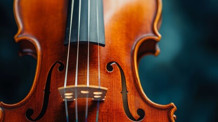 Close-Up of a Beautifully Crafted Violin, Showcasing the Fine Wood Grain and Strings with a Softly Blurred Background Highlighting the Instrument's Elegance