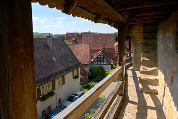 Rothenburg ob der Tauber, Germany – September 15, 2023. City Wall Path and Stone Steps. Historic path on the city wall walkway that surrounds the ancient town of Rothenburg ob der Tauber in Germany.

