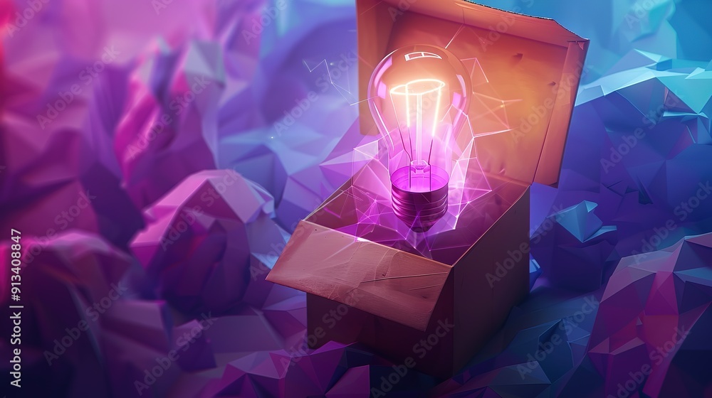 Poster magnificent abstract low poly open box with light bulb