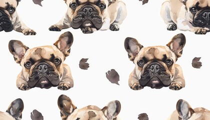 Fototapeta premium French Bulldog Pattern with Paw Prints on White Background