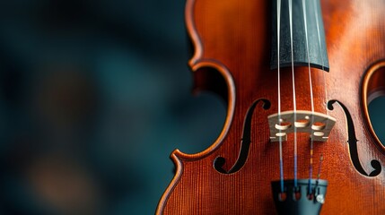 Fototapeta premium Close-Up of a Beautifully Crafted Violin, Showcasing the Fine Wood Grain and Strings with a Softly Blurred Background Highlighting the Instrument's Elegance