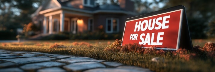 “HOUSE FOR SALE” sign in front of home for sale - blurred background - real estate - closing - home prices