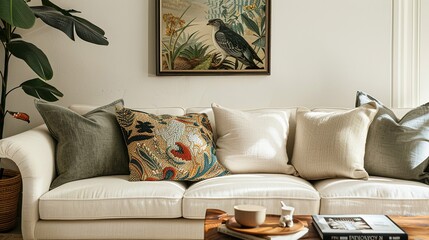 White Couch with Colorful Pillows and a Framed Bird Illustration