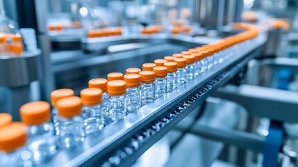 Obraz premium A conveyor belt with glass vials is present in an advanced bright modern pharmaceutical factory focusing on the medical ampoule production line vaccine production facility and medication