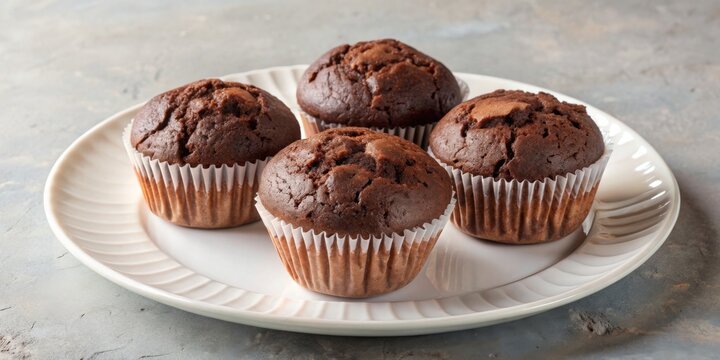 Three delicious chocolate muffins served on a plate with a green umbrella , chocolate, muffins, dessert, food, plate, sweet