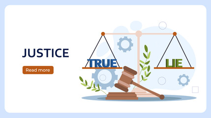 Poster justice concept. Judges gavel near scales with inscriptions true and lie. Legal support and protection of deals. Landing webpage design. Flat vector illustration isolated on white background