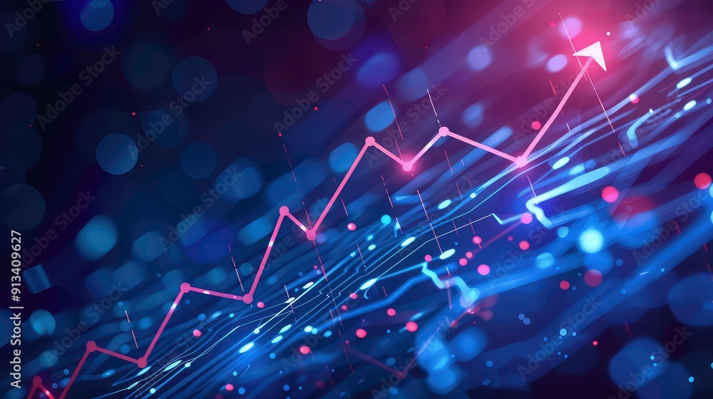 Aufkleber an abstract representation of a graph on a purple background with glowing streaks of white and red. 