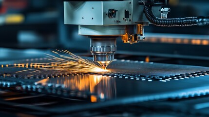 A fiber laser cutting machine cuts metal plates with sparkling light demonstrating a hightechnology sheet metal manufacturing process by laser cutting