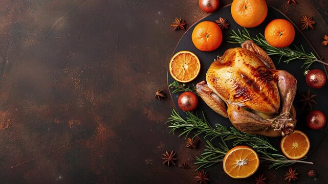Thanksgiving background with roasted chicken in the wooden table, Happy Thanksgiving day, Halloween party, copy space, space for text