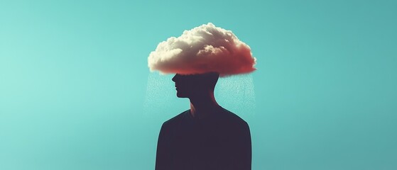 Silhouette of Mental Strain: Conceptual Image of Anxiety and Depression with Rain Cloud Symbolism