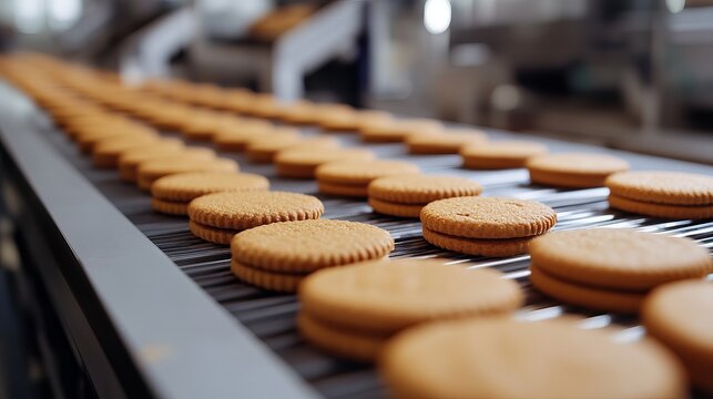 A modern line for bakery cookies operates within the food industry focusing on biscuit production in a factory on a conveyor belt