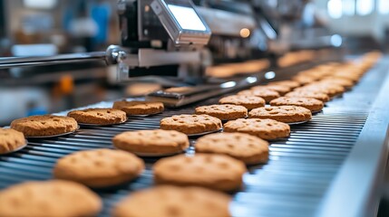A modern line for bakery cookies operates within the food industry focusing on biscuit production in a factory on a conveyor belt