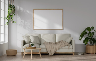 Cozy Modern Living Room with White Sofa, Wooden Furniture, and Indoor Plants in Natural Light