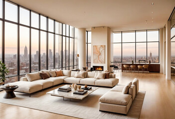 Modern Living Room with City View and Abstract Art