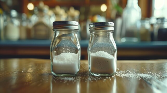 Two jars filled with granulated sugar are positioned on a wooden countertop in a cozy kitchen setting