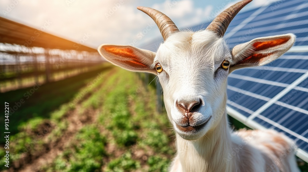 Poster a goat is standing in a field next to a solar panel. the goat is looking at the camera with a curiou