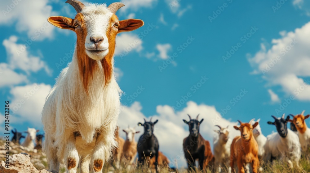 Poster a goat is standing in a field with other goats. the goat is looking at the camera and he is smiling.