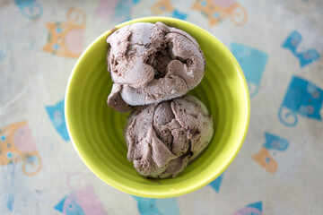 Directly above shot of chocolate ice cream in green bowl