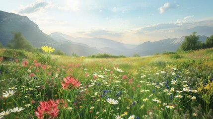 Fototapeta premium Colorful Wildflower Meadow Blooming Amidst Majestic Mountains Under Clear Blue Sky at Sunset