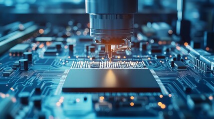 An automatic pick and place machine rapidly installs components on a generic circuit board highlighting the electronics and circuit board manufacturing process in a bright environment