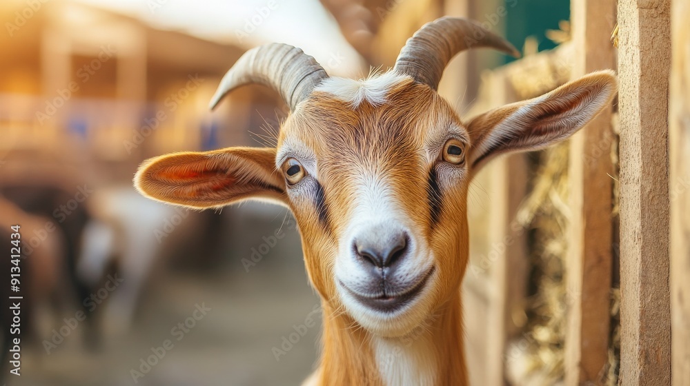 Poster a goat with a bright yellow eye stares at the camera. the goat's eyes are open wide, and it is looki