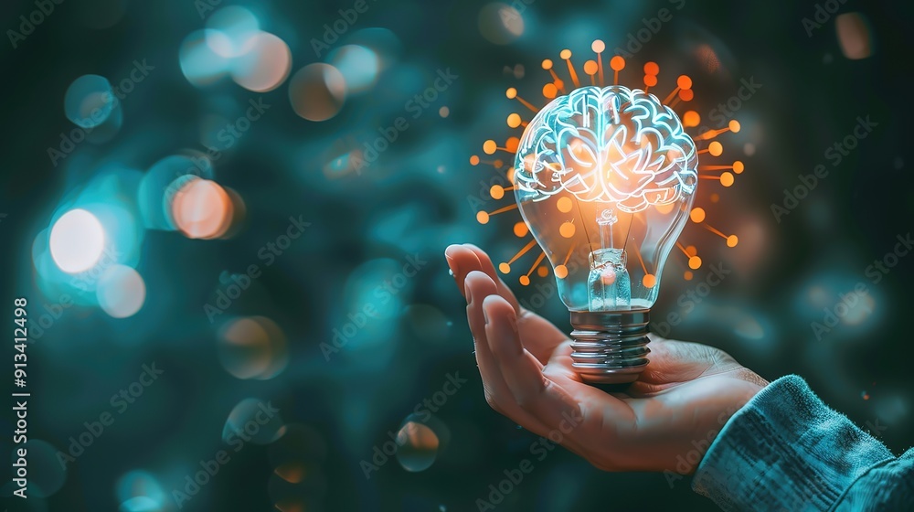 Poster eyecatching hand holding light bulb and cog inside and innovation icon network connection on brain